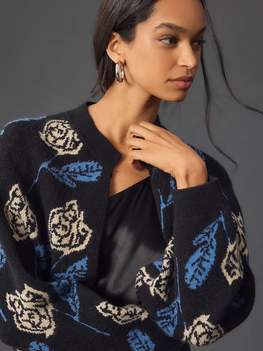 Anthropologie Black Knit Cardigan with Blue & Cream Floral Motif
